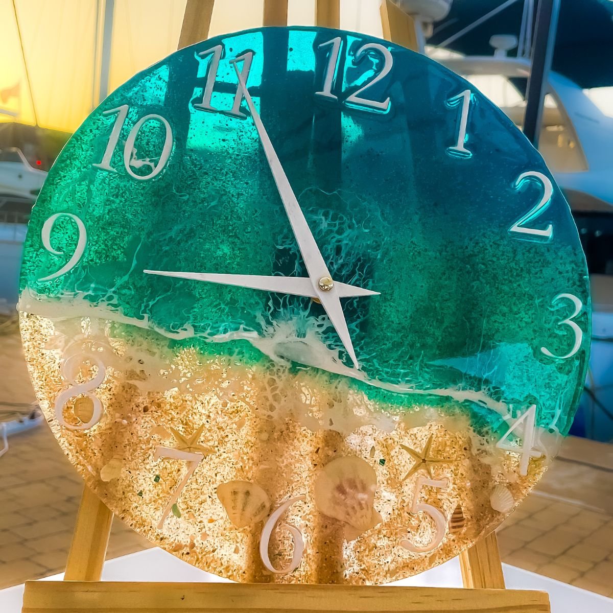 reloj ocean art caribe en resina con efecto ola y arena natural